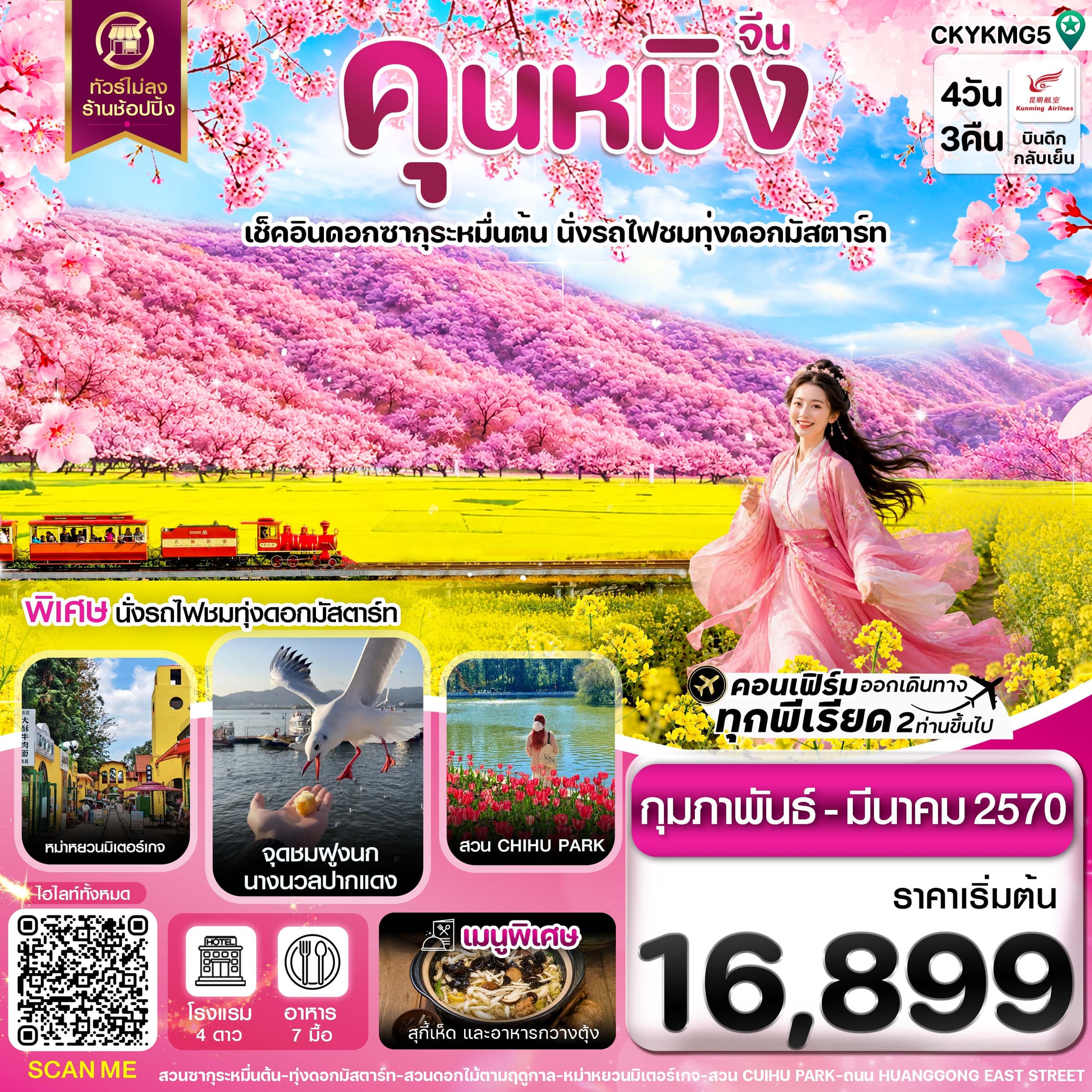 ทัวร์คุนหมิง อี้เหลียง โหลผิง สวนดอกไม้ ไม่ลงร้าน (KY) 4วัน 3คืน