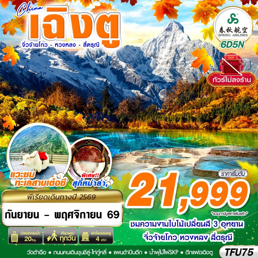ทัวร์เฉิงตู จิ่วจ้ายโกว หวงหลง สี่ดรุณี (9C) 6วัน 5คืน