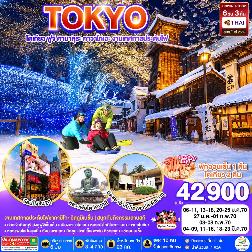 ทัวร์โตเกียว TOKYO FUJI SKI KAMAKURA KAWAGOE (TG) 6วัน 3คืน