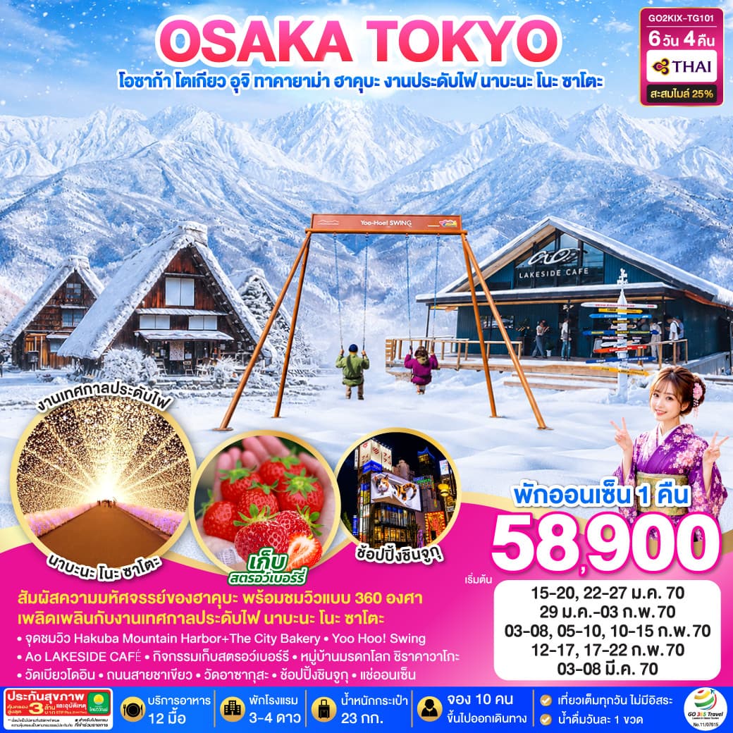 ทัวร์ญี่ปุ่น TAKAYAMA HAKUBA TOKYO FRUIT PICKING (TG) 6วัน 4คืน