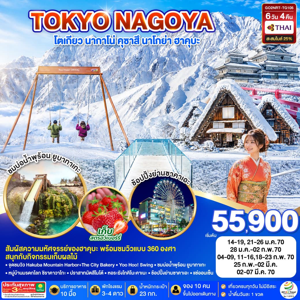 ทัวร์ญี่ปุ่น TOKYO NAGANO HAKUBA SHIRAKAWAGO WINTER(TG) 6วัน 4คืน