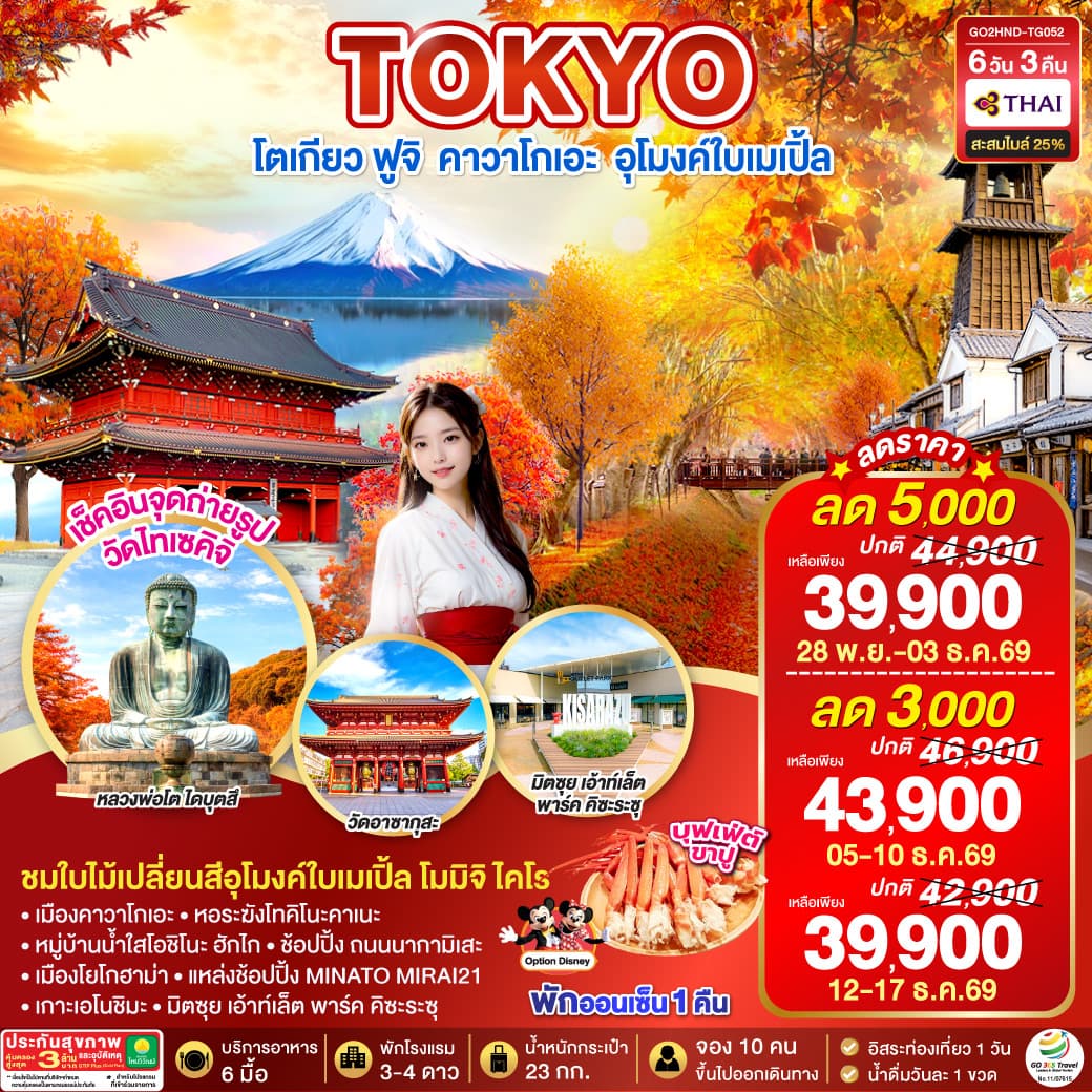 ทัวร์โตเกียว TOKYO FUJI MOMIJI KAIRO AUTUMN (TG) 6วัน 3คืน
