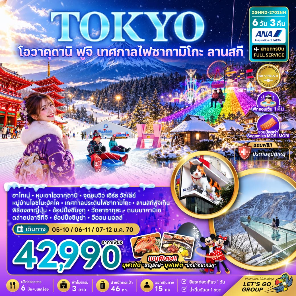 ทัวร์โตเกียว โอวาคุดานิ ฟูจิ เทศกาลไฟซากามิโกะ ลานสกี ช้อปปิ้งชินจูกุ และชิบูย่า (เที่ยวอิสระ 1 วัน) (NH) 6วัน 3คืน